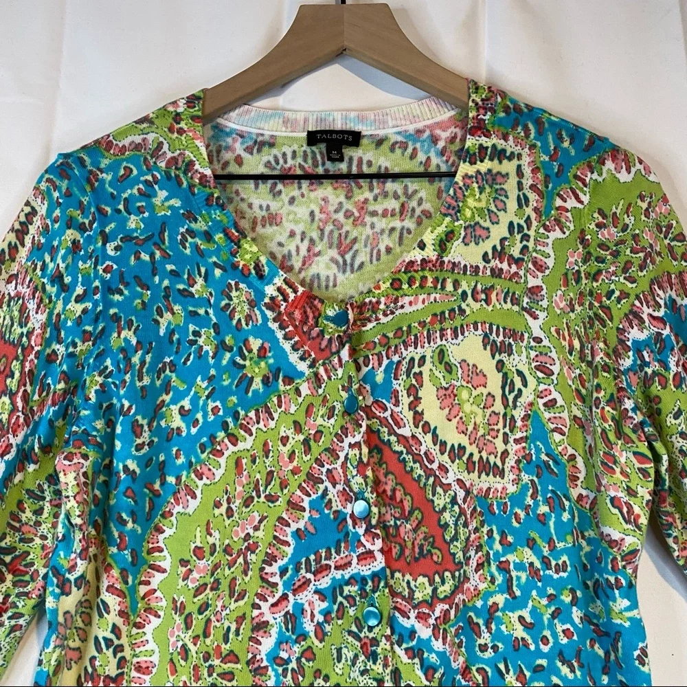 TALBOTS Women’s Size M Medium Sweater Cardigan 3/4 Sleeve Floral Mosiac - Picture 9 of 16